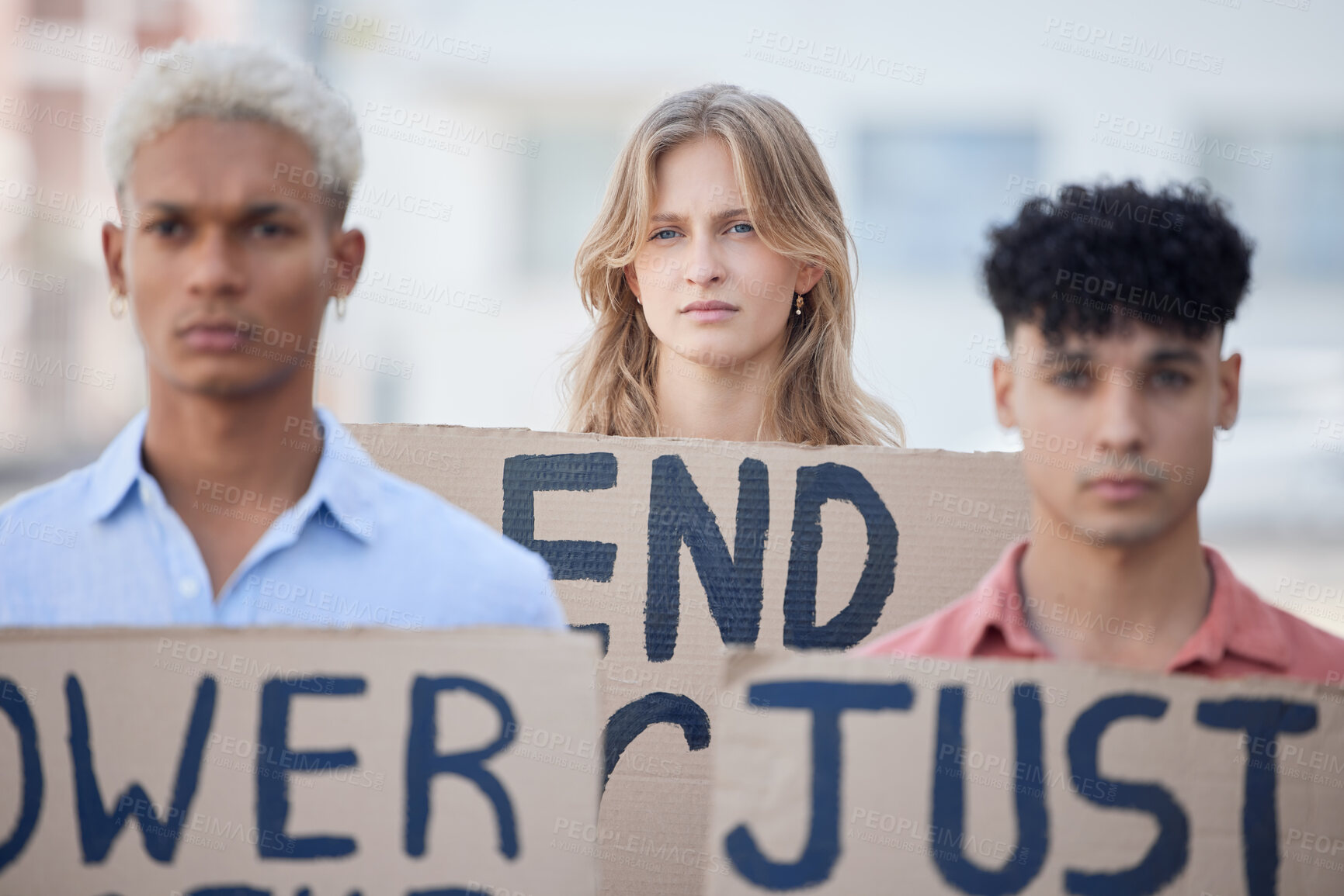 Buy stock photo Freedom, support and protest with people and poster for social justice, human rights or revolution. Voice, opinion and equality with protesters against discrimination with rally, movement and choice