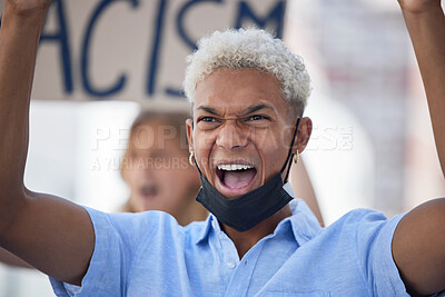 Buy stock photo Justice protest during covid, racism and black man angry, crisis rally and fight for global equality, human rights or BLM. Students banner, poster and gen z crowd of people support Black Lives Matter