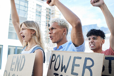 Buy stock photo Freedom, student protest and men and woman together in support of women in Iran and time for change. Equality, empowerment and hands up in solidarity and diversity in global war for world community.