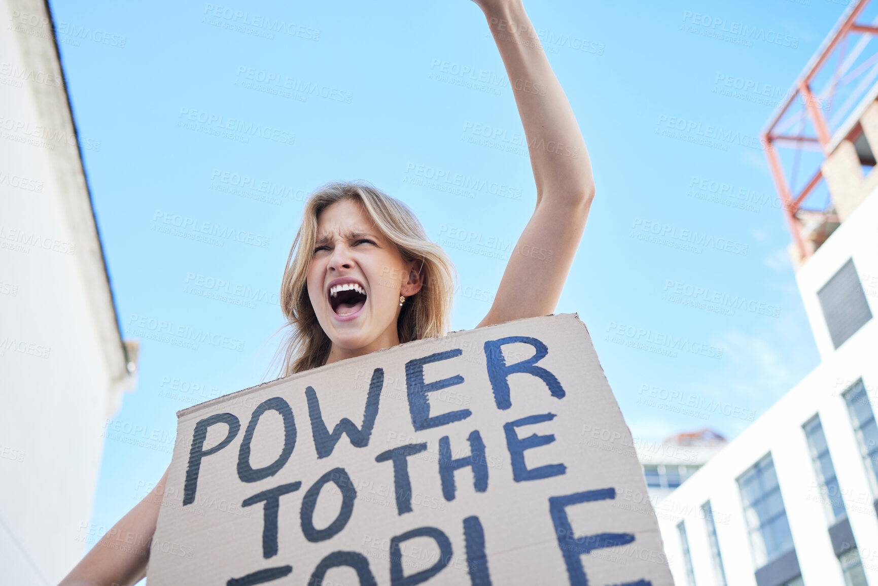 Buy stock photo Power to the people, sign and woman protest human rights freedom, justice and democracy in city social rally. Feminist shout, empowerment poster and support equality, community and society revolution