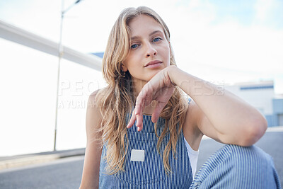 Buy stock photo Fashion, beauty and city with a model woman outdoor on the road or street for contemporary and edgy style. Portrait, trendy and clothes with an attractive or stylish young female in an urban town