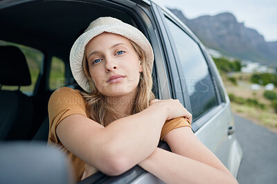 Buy stock photo Fashion, beauty and road trip with a woman in a car for travel, vacation or holiday during summer. Face, transport and trip with an attractive young female sitting in a vehicle on a drive for freedom