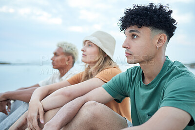 Buy stock photo Travel, friends and adventure with men and woman friend group sitting outdoor in nature for diversity, inclusion or acceptance. Gen z, lifestyle and fashion with young people bonding together outside