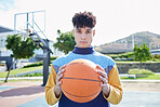 Basketball, sports and man training for game on an outdoor court in summer. Portrait of a professional athlete with motivation playing cardio sport and fitness with a ball for competition or event