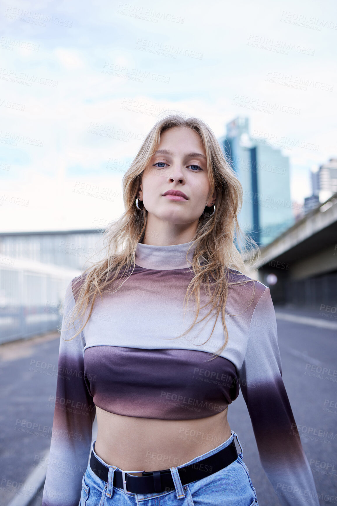 Buy stock photo Portrait, young woman and natural beauty walk in city street with confidence, self love and female empowerment with casual look. Gen z, blonde girl or proud lady with edgy, trendy or urban lifestyle
