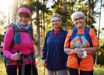 Buy stock photo Senior women, portrait smile and hiking or trekking together on an adventure or journey in nature. Group of happy elderly woman hikers smiling in fitness, health and workout exercise in the outdoors