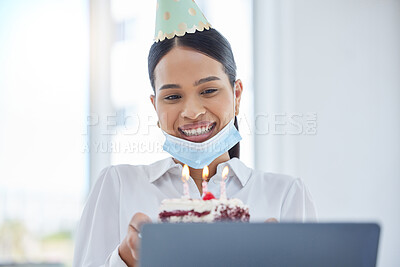 Buy stock photo Woman in covid, video call birthday party and online celebration with candles on cake for social distancing at work. Coronavirus pandemic, face mask for global health and safety office compliance  