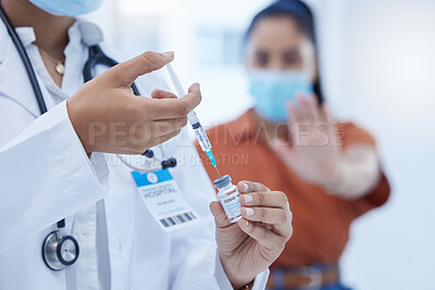 Buy stock photo Doctor with covid vaccine, injection and corona medicine needle, bottle and syringe in hospital. Zoom in nurse hands, expert healthcare and flu risk, stop vaccination and reject medical treatment