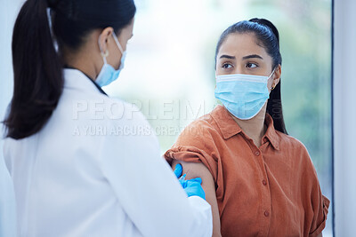 Buy stock photo Doctor, covid vaccine or consulting woman for health, wellness or medical healthcare virus safety in hospital. Nurse, help or employee for covid 19 compliance, medicine or dengue injection in clinic