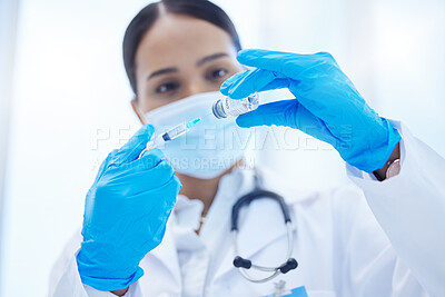 Buy stock photo Covid, vaccine or insulin in hands of doctor with face mask in hospital or clinic. Healthcare, medical insurance and vaccination innovation, woman in medicine and protection against virus infection. 