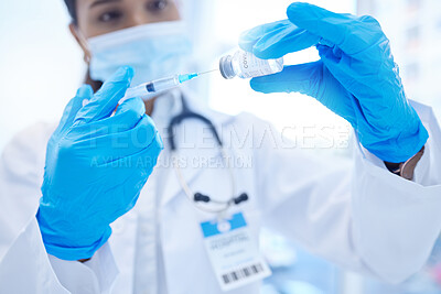 Buy stock photo Woman, doctor hands or covid vaccine for injection in global virus security, safety or wellness insurance. Zoom, medical employee or healthcare hospital worker gloves with pharmacy covid 19 medicine