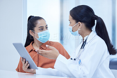 Buy stock photo Covid, woman patient and doctor with tablet explain results, give advice and help against sickness. Health, lady with mask discuss prevention for illness, virus or corona with medical professional 