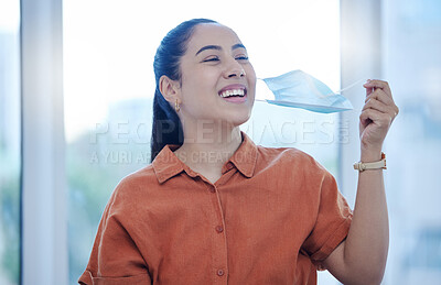Buy stock photo Happy woman, remove face mask and end of covid and safety compliance after a vaccine. Young female opening face excited and relieved for coronavirus freedom after quarantine, pandemic and isolation