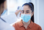 Doctor, patient and covid thermometer check on woman for office, business or building entry. Corona testing protocol, screening requirements and mask on face for illness prevention or protection