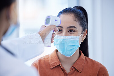 Buy stock photo Doctor, patient and covid thermometer check on woman for office, business or building entry. Corona testing protocol, screening requirements and mask on face for illness prevention or protection