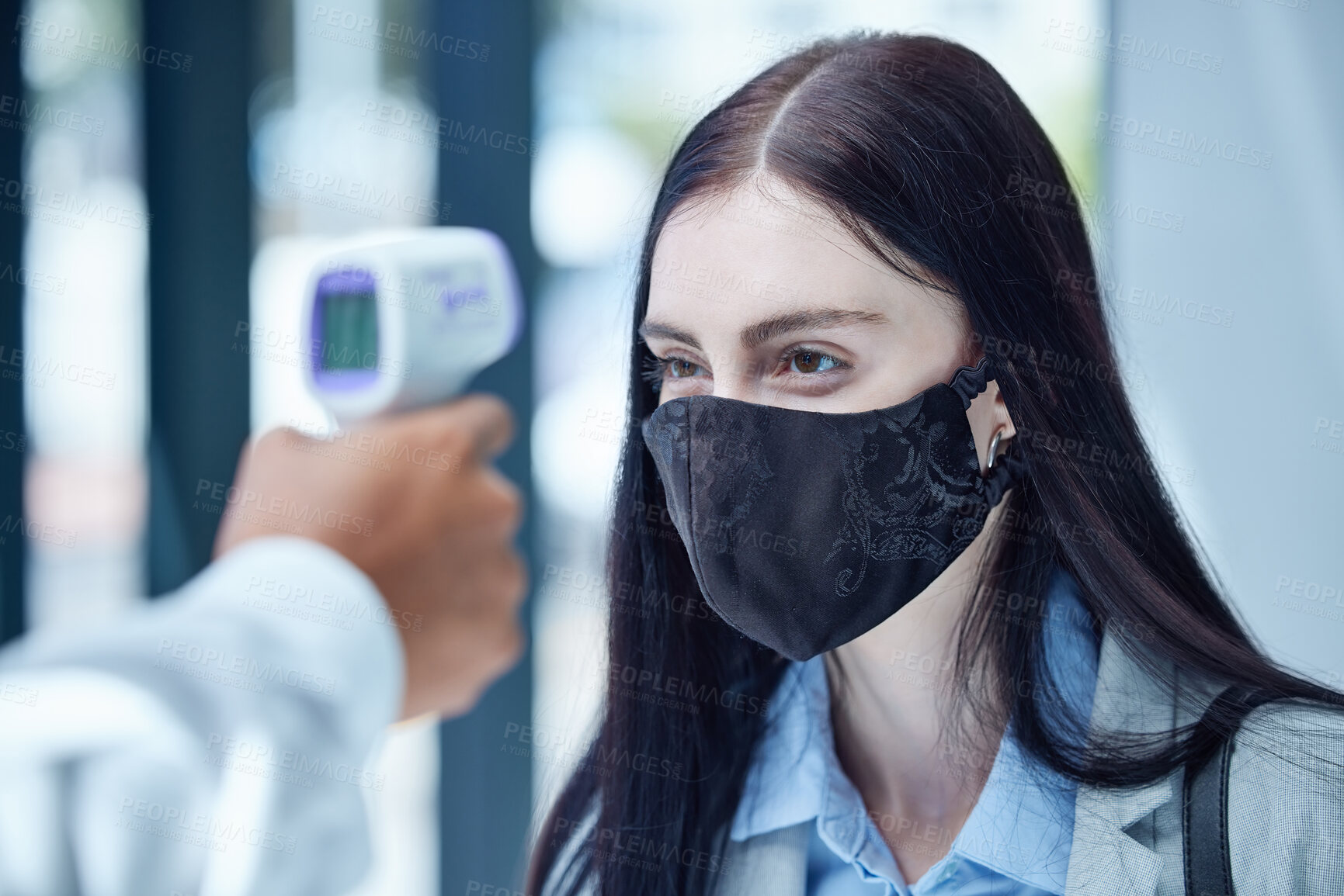 Buy stock photo Doctor, covid and thermometer for healthcare scan to test patient temperature or check for fever or symptoms. Businesswoman with corona mask in exam, scanning face with infrared scanner at the office
