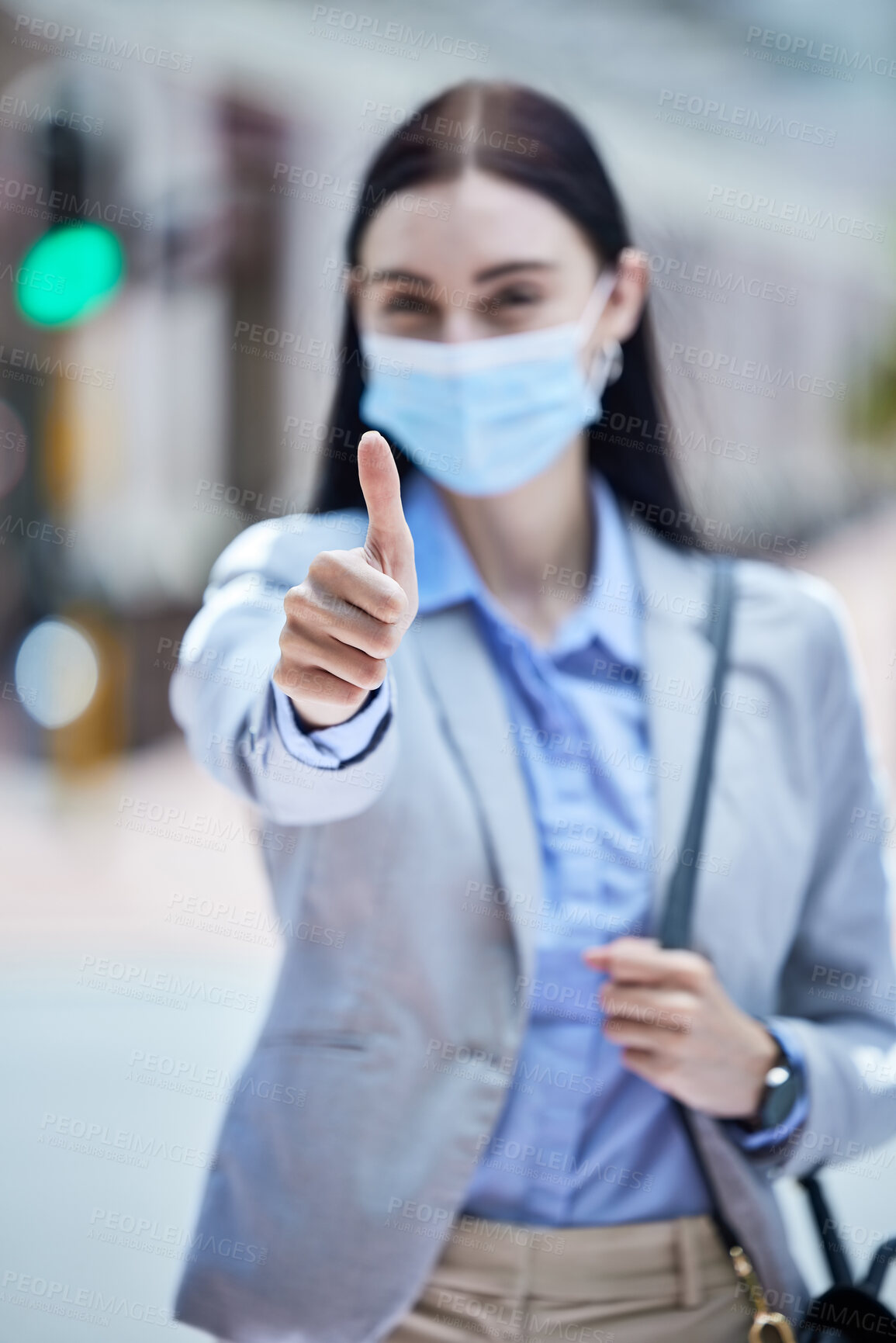 Buy stock photo Thumbs up, woman covid travel and success hand sign of a person going on a work trip. Thank you, winner and yes hands gesture of a business employee traveling for a global job or worker immigration