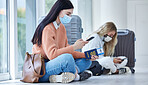 Passport, covid and mask, travel with smartphone for communication, compliance of health and safety rules at airport. Woman traveling, vaccination and waiting at terminal to board airplane. 