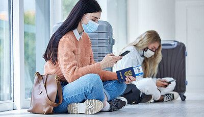 Buy stock photo Passport, covid and mask, travel with smartphone for communication after canceled flight. Woman, compliance of health and safety rules, vaccination and traveling restriction during pandemic.