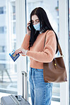 Covid, travel and passport with woman in face mask and phone call for immigration law, corona virus airport policy. Person with suitcase check time on watch with document problem, covid 19 compliance