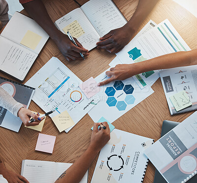 Buy stock photo Meeting, top view and business people planning a strategy for a budget, marketing and creative advertising. Financial employees or workers hands working on branding, sales and management team goals