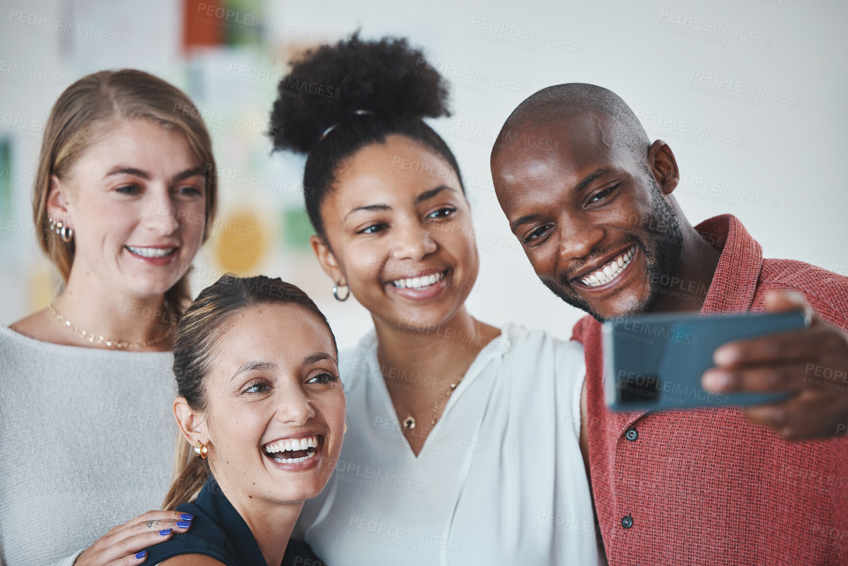 Buy stock photo Phone selfie, workplace diversity and team building happy together on break time. Positive, cheerful work environment with smiling men and women in office for company internet social media post