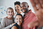 Selfie, friends and teamwork with a black man and team taking a photograph together in a work office.  Collaboration, success and business with a male and female employee group posing for a picture