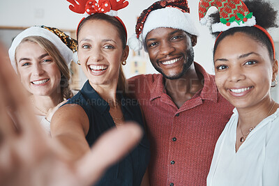 Buy stock photo Christmas, diversity and friends take a selfie at a party in celebration of a happy holiday tradition at home. Smile, happiness and young people taking pictures to celebrate fun festive season break