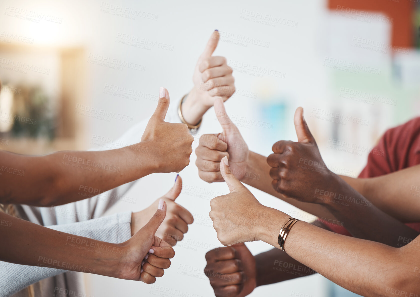 Buy stock photo Thumbs up, diversity group and success team collaboration in the business workplace. Hand, teamwork and support, trust and winner, victory and successful planning strategy. 