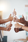 Thumbs up, hand or gesture for success, support or trust. Diverse group or team of business men or women show hands as thank you or approval to idea plan, strategy or yes for goal, target and winner