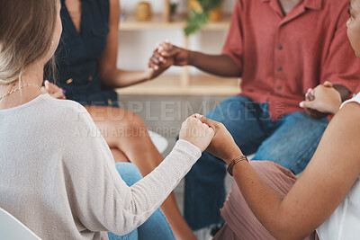 Buy stock photo Diversity, teamwork or people holding hands for support, trust or team building in unity or community. Group of business people collaboration, therapy or friends helping, hope or faith in circle