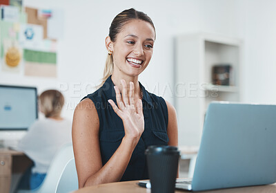 Buy stock photo Laptop, video call and business woman in the office with smile and waving hand. Businesswoman using computer webcam for online business meeting in the workplace to talk to international colleagues