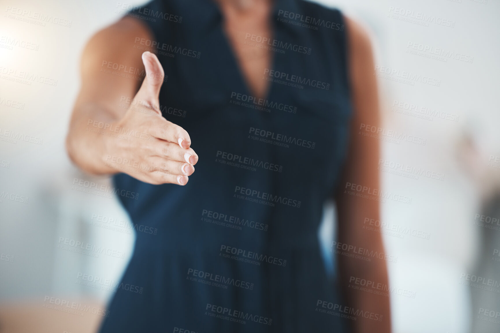 Buy stock photo Handshake, deal and welcome with the hand of a business woman in the office for b2b, thank you or meeting. Teamwork, partnership and contract with a female employee shaking hands for onboarding