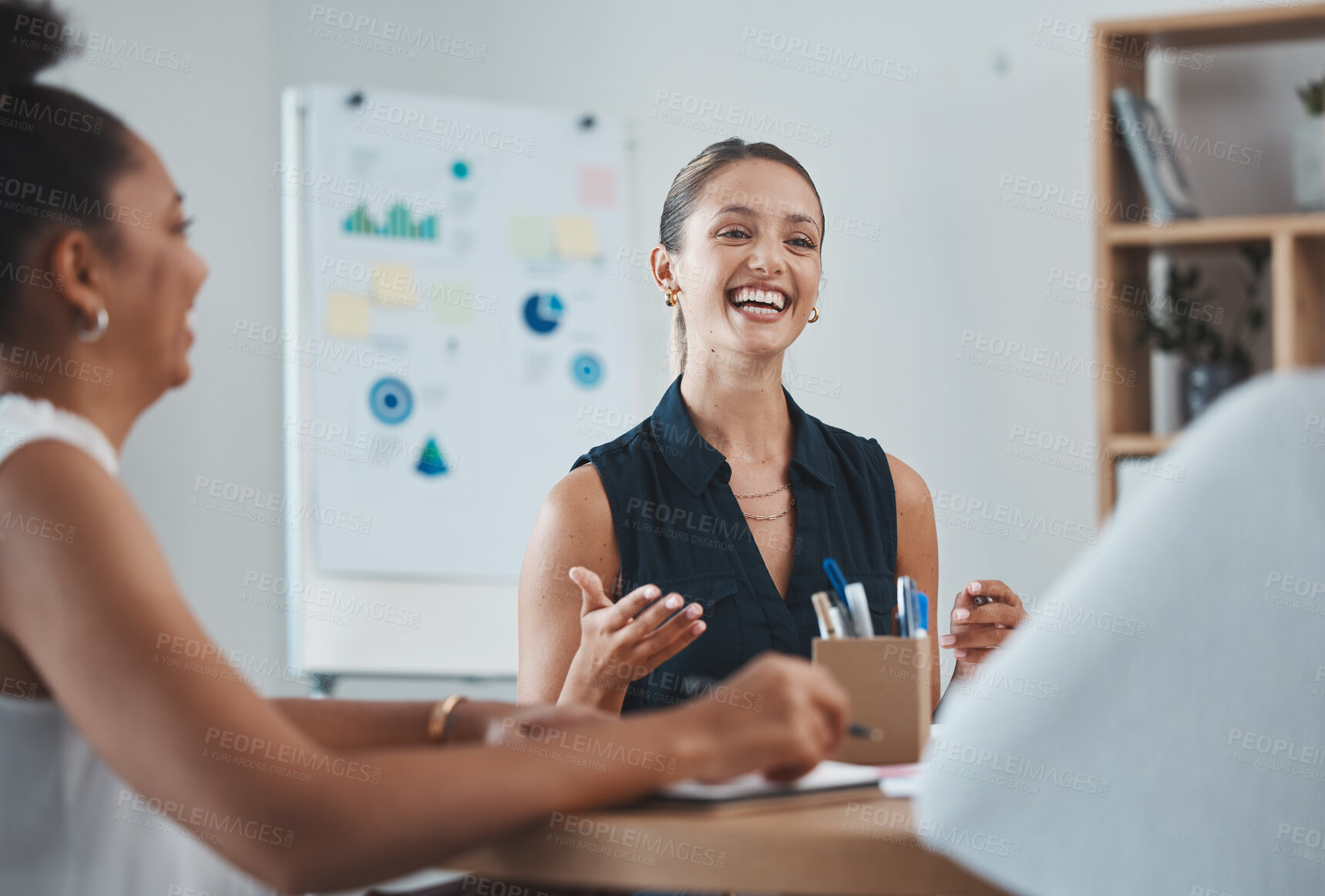 Buy stock photo Team, business meeting and brainstorming for creative group project together in office. Female leadership, teamwork and girl planning startup company, happy and smile for partnership in workplace.