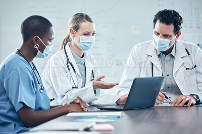 Buy stock photo Covid, healthcare and laptop with a team of doctor and nurse working in a hospital on planning or strategy in a meeting. Computer, collaboration and medical with a group of health workers in a clinic