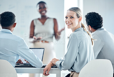 Buy stock photo Presentation, diversity and business woman in a meeting planning a seo digital marketing strategy in an office. Smile, collaboration and happy team working together on global startup project ideas