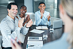 Presentation, leadership and diversity team applause at meeting for marketing strategy from ceo, coach or manager. Corporate celebration, support or business group of people clap for advertising idea