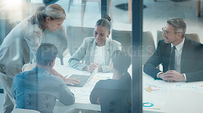 Buy stock photo Planning, strategy and business people in meeting with finance report, digital marketing analytics and manager ppt presentation on laptop. Teamwork, collaboration and women in company budget analysis