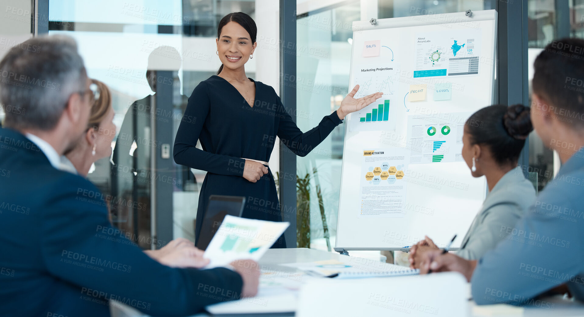 Buy stock photo Presentation, marketing and business woman in meeting with charts, graphs and data statistics on office whiteboard. Presenter, leader and innovation of ideas in advertising, finance or sales growth.