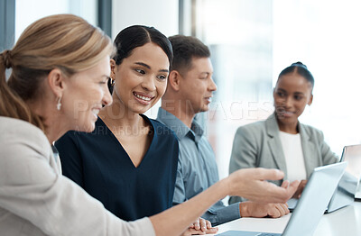 Buy stock photo Teamwork, diversity and coaching with laptop in startup office checking productivity report. New deal, online project or strategy planning, men and women in partnership at corporate business meeting.