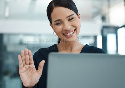 Buy stock photo Woman, smile and online meeting while wave at screen, business webinar and planning startup company. Happy female, girl or conversation for successful job interview, video conference call or training