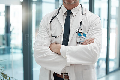 Buy stock photo Doctor, cardiology and arms crossed at the hospital for medical advice, consultation or prescription for health. Healthcare professional or specialist for healthy checkup, help or insurance at clinic