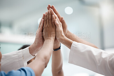 Buy stock photo High five, teamwork and doctors hands in collaboration for mission, goal or team building together. Mindset, target or medical group with trust, motivation or support for vision, winning or success.