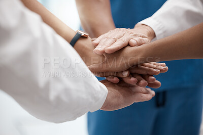 Buy stock photo Teamwork, medical support and hands of doctors working as a team for success in healthcare at a hospital. Nurse, surgeon and worker with solidarity, help and collaboration at a clinic for work