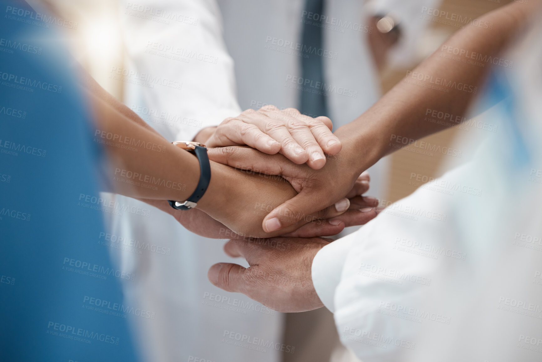 Buy stock photo Hands, collaboration and healthcare with a medicine team in a huddle or circle in the hospital for insurance or medical. Teamwork, motivation and solidarity with a doctor and nurse group in a clinic