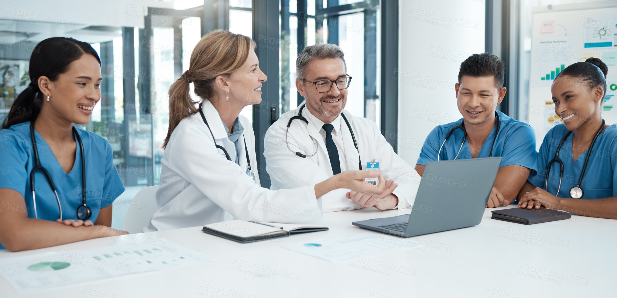 Buy stock photo Doctor with laptop, team and health, meeting and professional collaboration on medical innovation and healthcare policy. Teamwork in conference room, diversity and group discussion at the clinic.