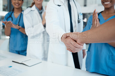 Buy stock photo Doctors, nurses and handshake success in medical partnership, insurance deal or healthcare support in hospital. Zoom, hands or consulting medicine workers in welcome, thank you or trust collaboration
