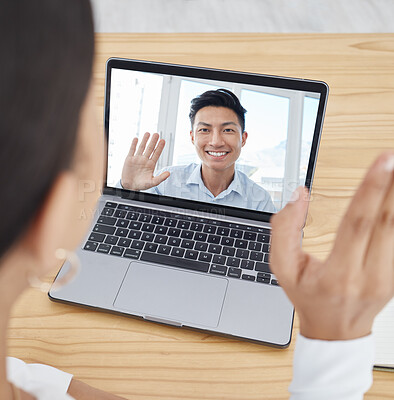 Buy stock photo Laptop screen, video call and businessman meeting for global collaboration, b2b networking or online communication. Zoom call international people and manager from china with digital company update