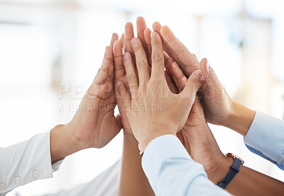 Buy stock photo High five, hands and success in teamwork collaboration, global business or company diversity. Zoom, men and women in celebration, motivation or wow gesture in startup office team building with goals