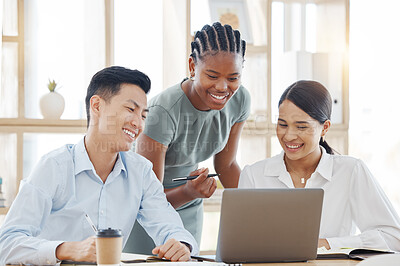 Buy stock photo Coaching, teamwork and black woman manager with laptop, businessman and lady at startup going over report online, sharing ideas in a meeting. Young business people, diversity and support in office